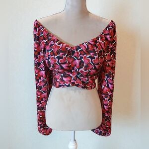Madden NYC Pink Black Hearts Coquette Milkmaid Cottagecore Crop Top Juniors XL